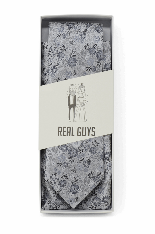 Hochzeit-Set Krawatte und Einstecktuch glänzend geblümt blau