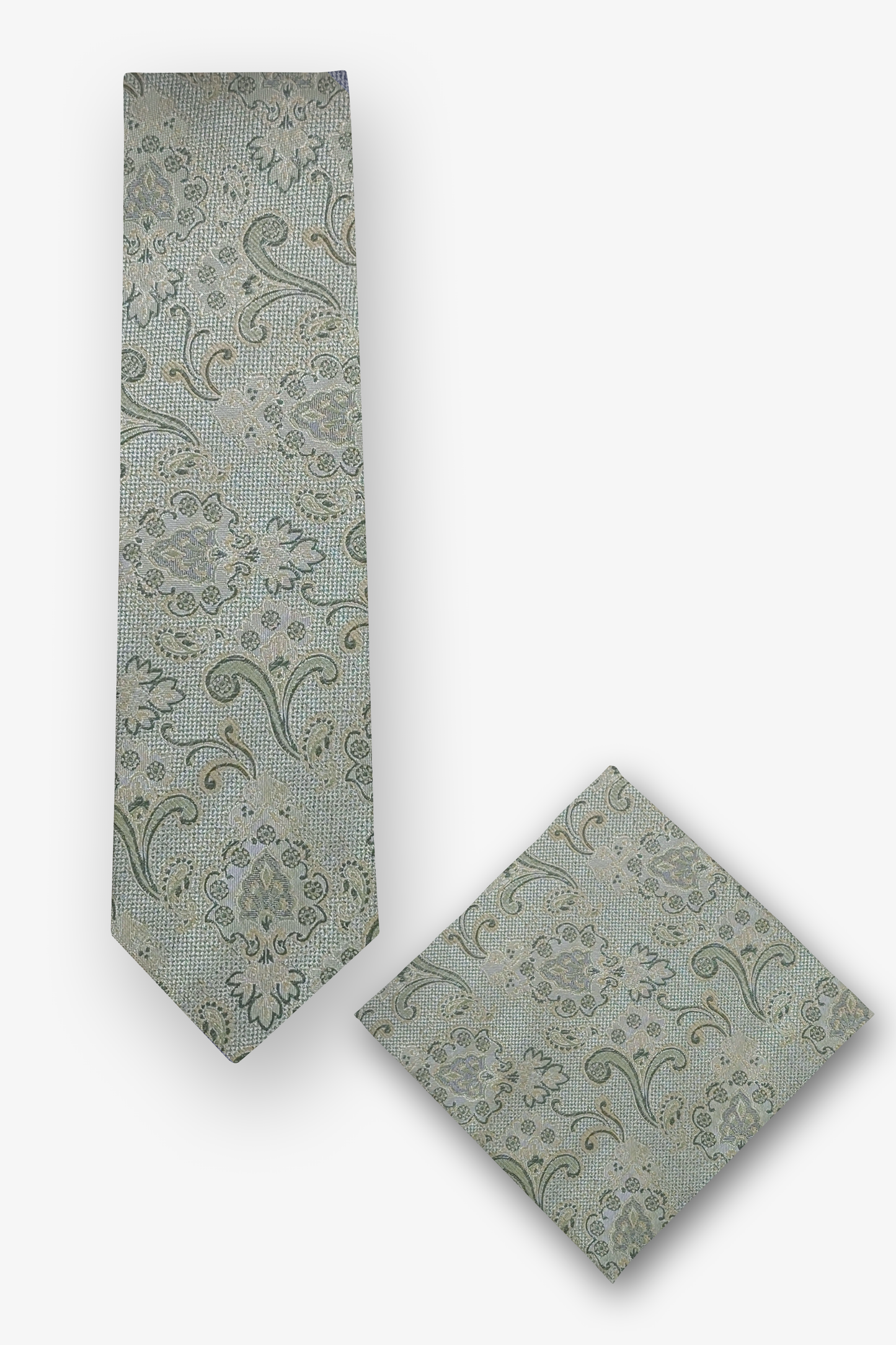 Krawatten-Set mit Einstecktuch mit tonigem Paisley in Grün