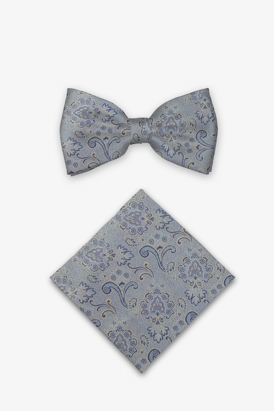 Hochzeit-Set Fliege und Einstecktuch mit tonigem Paisley blau
