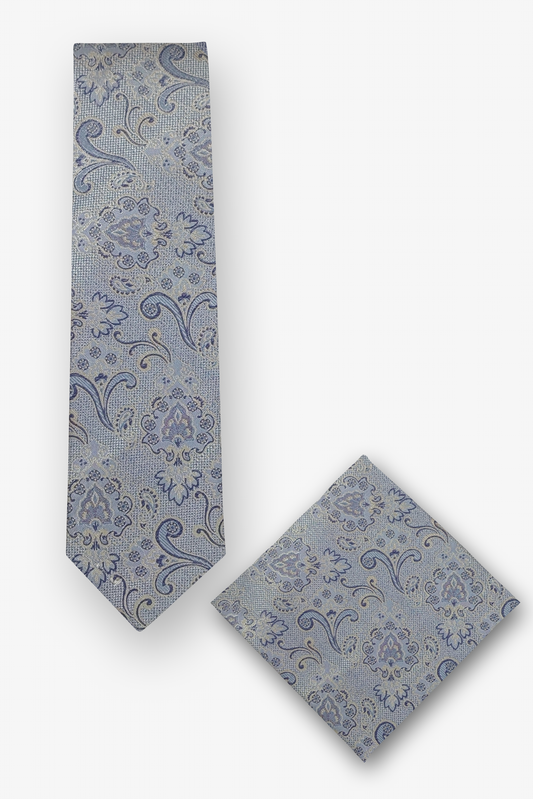 Krawatten-Set mit Einstecktuch mit tonigem Paisley in Bleu