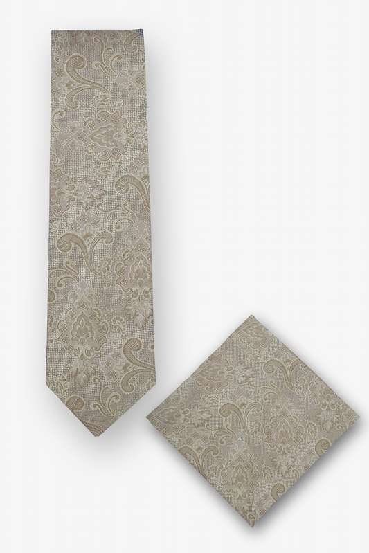 Krawatten-Set mit Einstecktuch mit tonigem Paisley in Beige