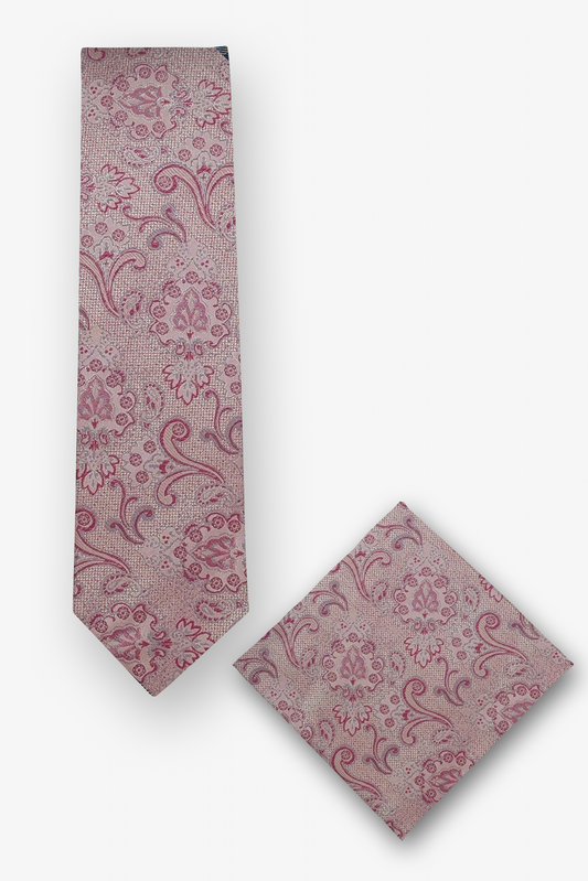 Krawatten-Set mit Einstecktuch mit tonigem Paisley in Rosé