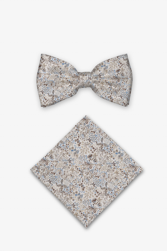 Hochzeit-Set Fliege und Einstecktuch mit tonigem Blumendesign beige