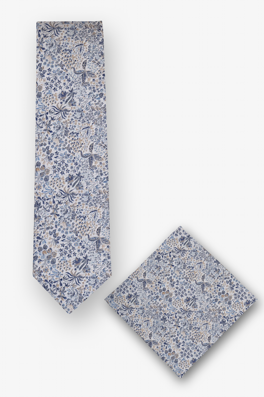 Krawatten-Set mit Einstecktuch mit floralem Design in Blau