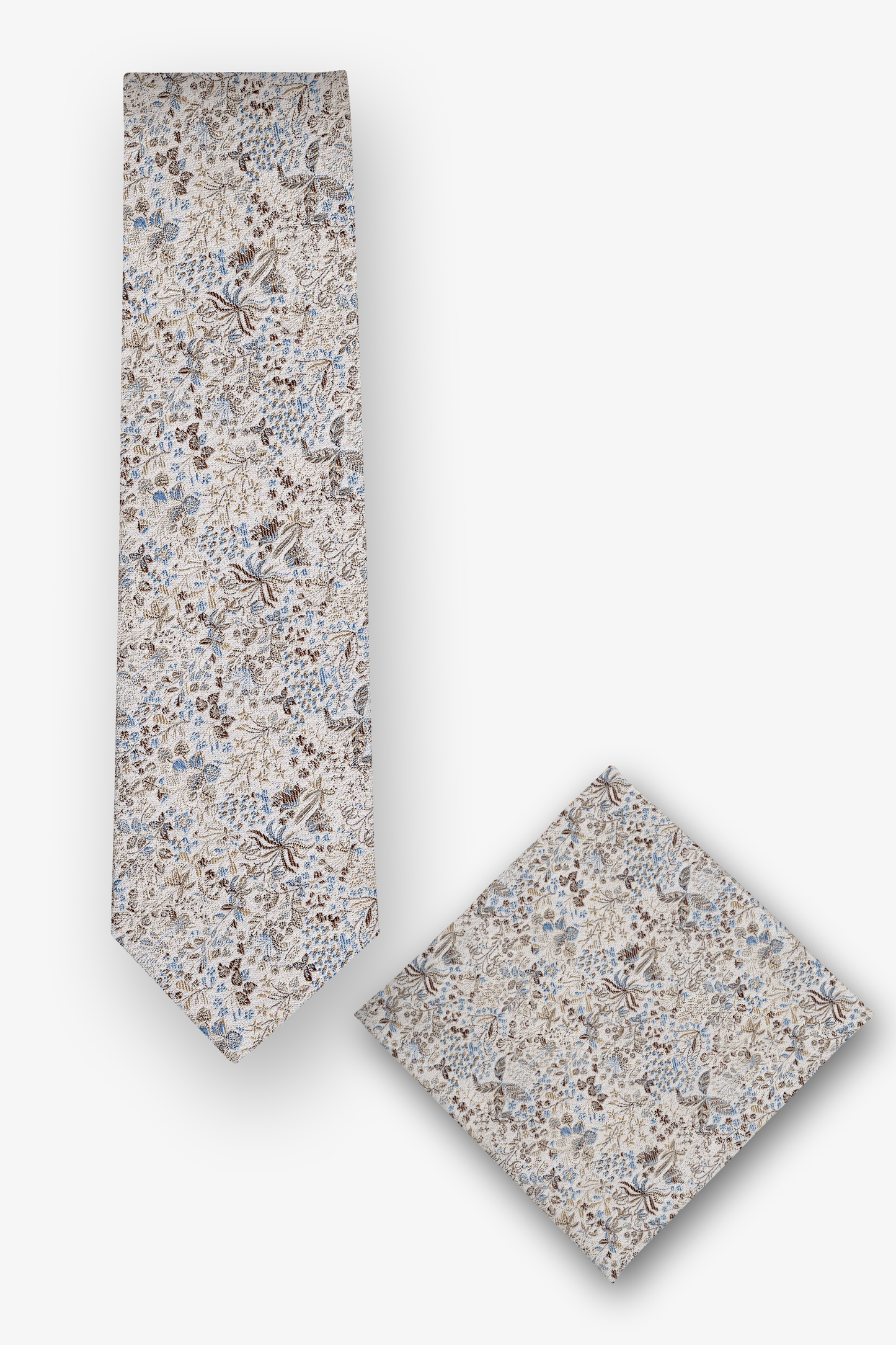 Krawatten-Set mit Einstecktuch mit floralem Design in Beige