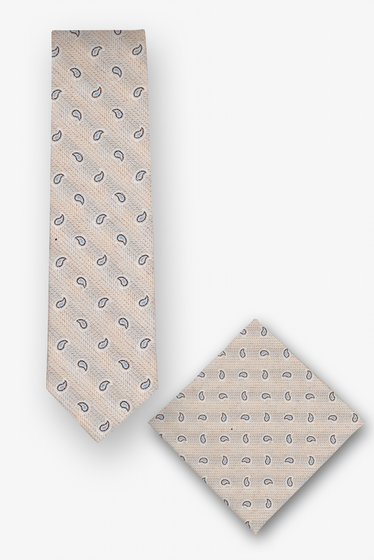 Krawatten-Set mit Einstecktuch mit Paisley in Beige