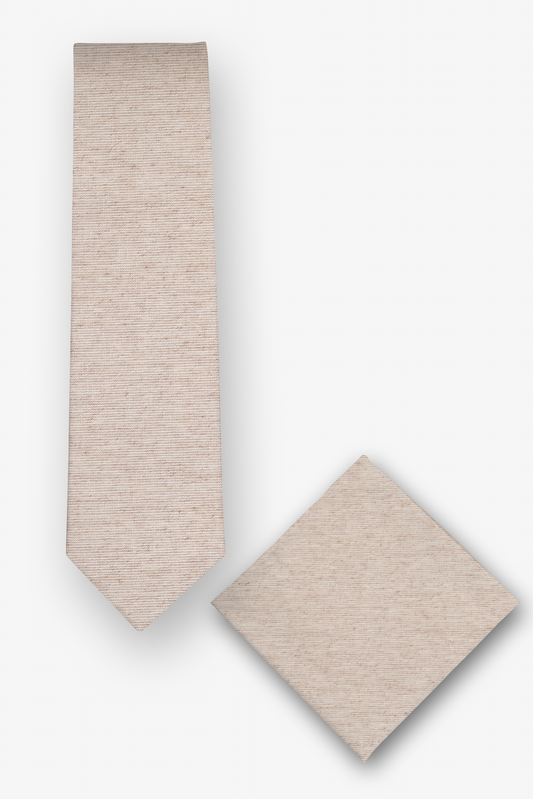 Krawatten-Set mit Einstecktuch mit uni mit Melangeeffekt in Beige